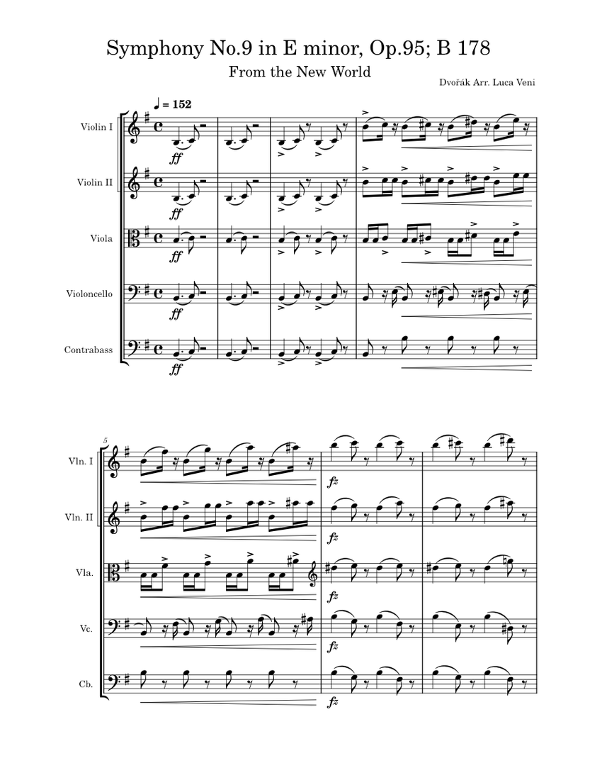 Symphony No.9 in E minor, Op.95; B 178, 'From the New World' Allegro con Fuoco – Antonín Dvořák Sheet music for Contrabass, Violin, Viola, Cello (Chamber Orchestra) | Musescore.com Symphony No.9 in E minor, Op.95; B 178, 'From the New World' Allegro con Fuoco – Antonín Dvořák Sheet music for Contrabass, Violin, Viola, Cello (Chamber Orchestra) | Musescore.com