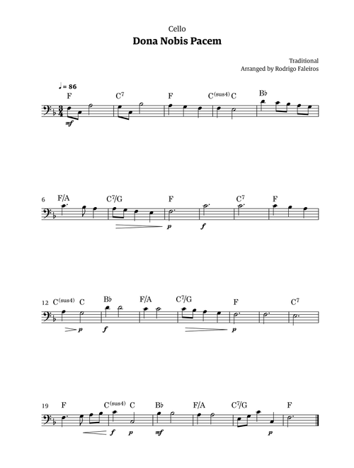 Dona Nobis Pacem - for cello (with chords) (Arr. Rodrigo Faleiros) - Traditional (Cello Solo)