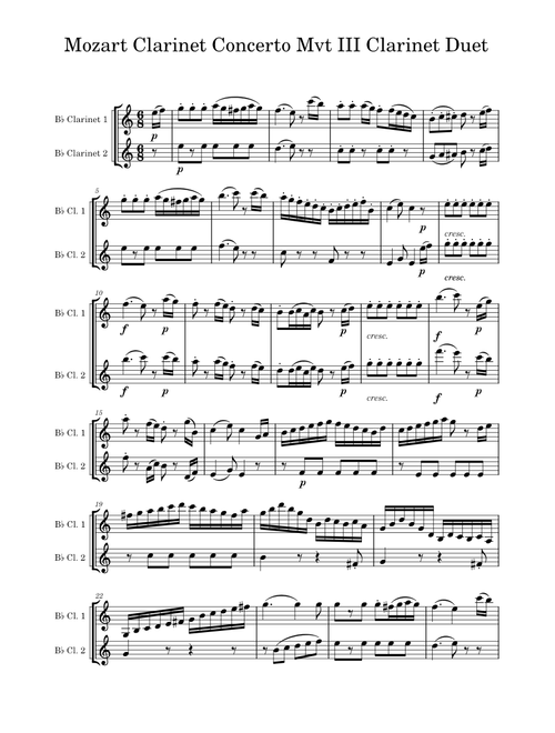 Clarinet Concerto in A major, K.622 – Wolfgang Amadeus Mozart Mozart Clarinet Concerto K.622 Mvt III Clarinet Duet
