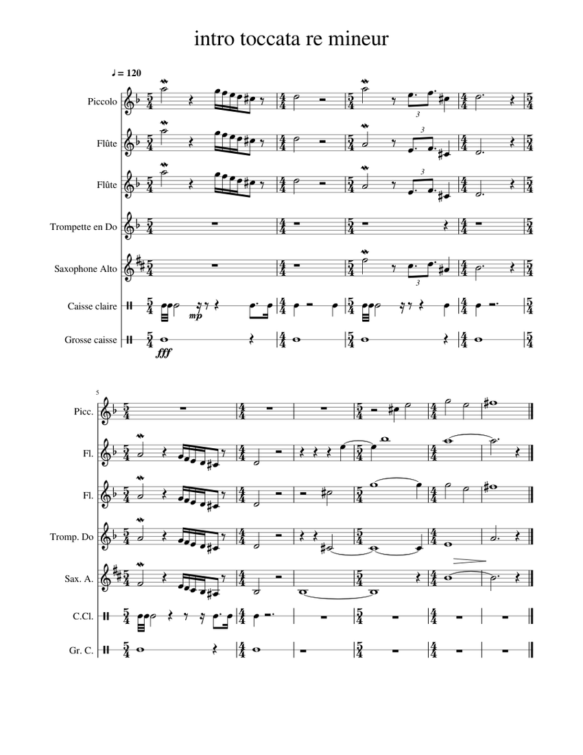 toccata re mineur intro Sheet music for Flute piccolo, Flute, Saxophone