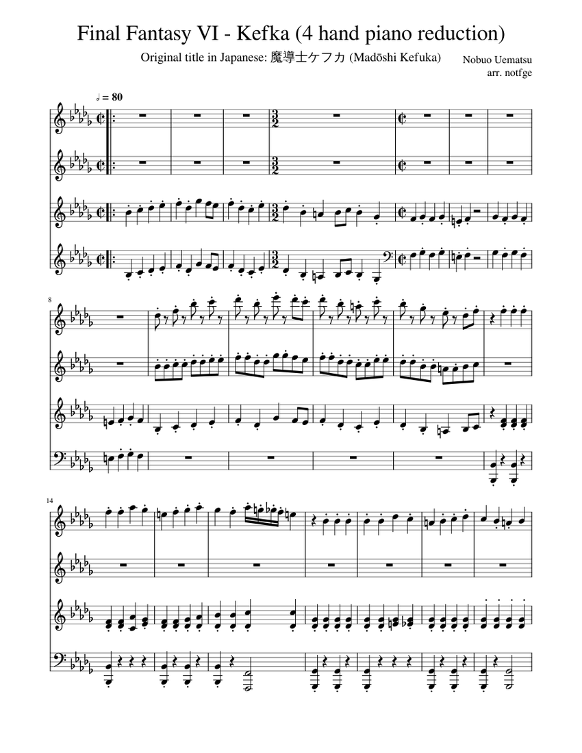 Final Fantasy VI - Kefka (4 hand piano reduction) Sheet
