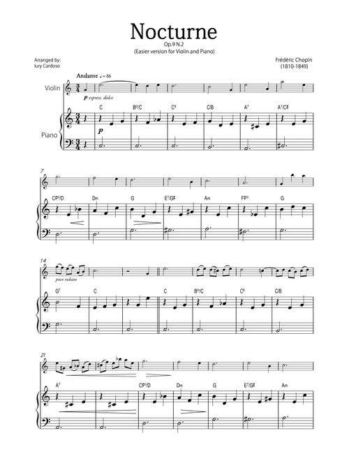"Nocturne" (Chopin) - Beautiful EASY version for VIOLIN and PIANO. (Arr. Iury Cardoso) - Frédéric Chopin (Violin and Piano)