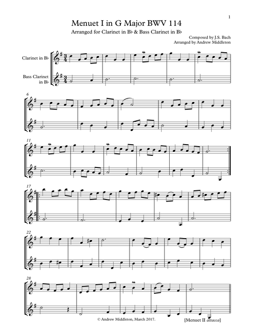 Menuet in G BWV 114/5 for Clarinet and Bass Clarinet (Arr. Andrew Middleton) - J.S. Bach (Clarinet Duet)