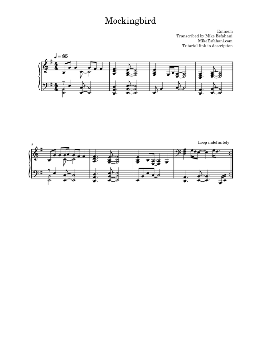 Mockingbird Eminem Sheet Music For Piano Solo 