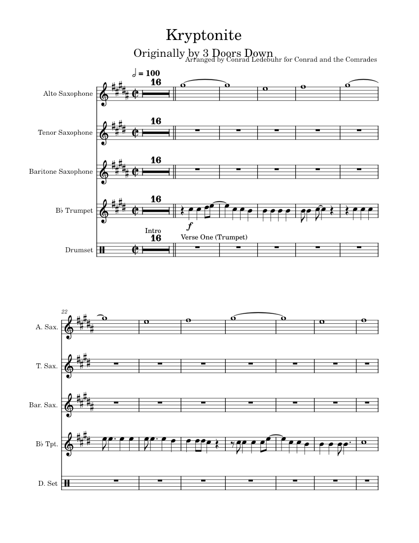 Kryptonite 3 Doors Down Sheet music for Saxophone alto Saxophone tenor Saxophone baritone Trumpet in b flat more instruments Mixed Ensemble Musescore