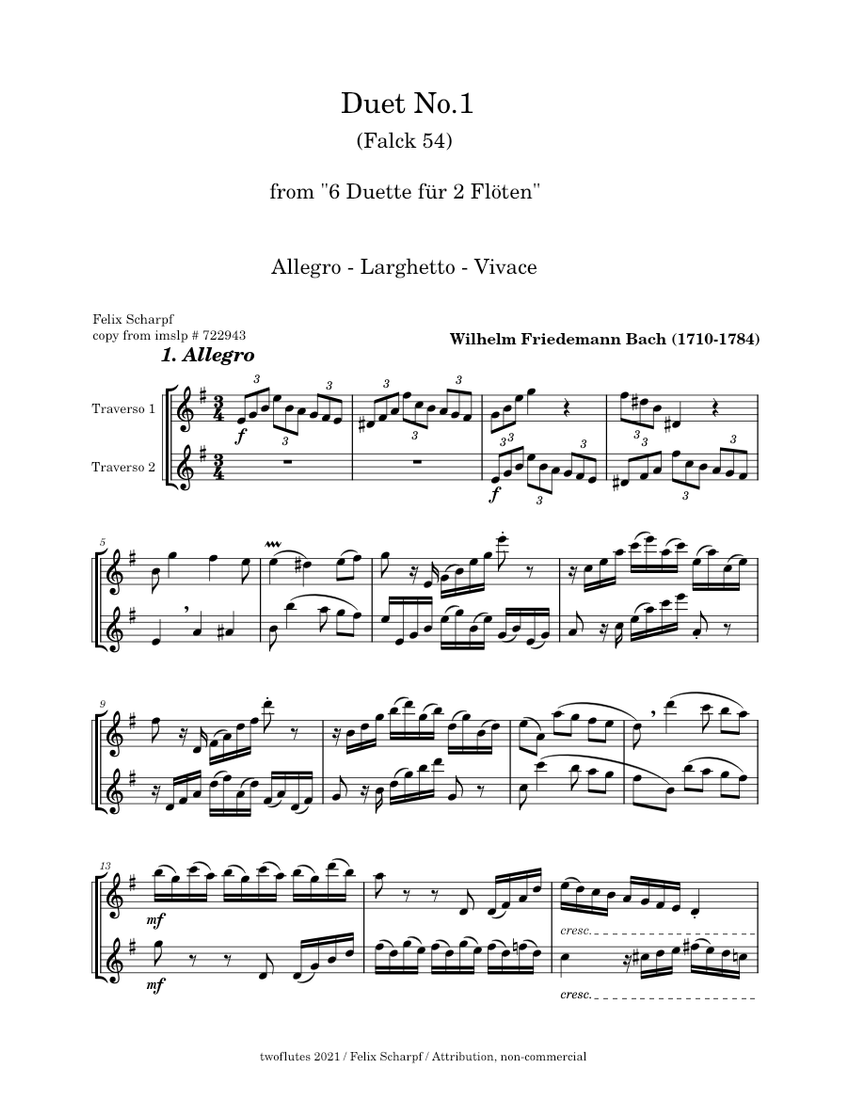 Duet No.1 (Falck 54) for two Flutes Wilhelm Friedemann Bach Sheet