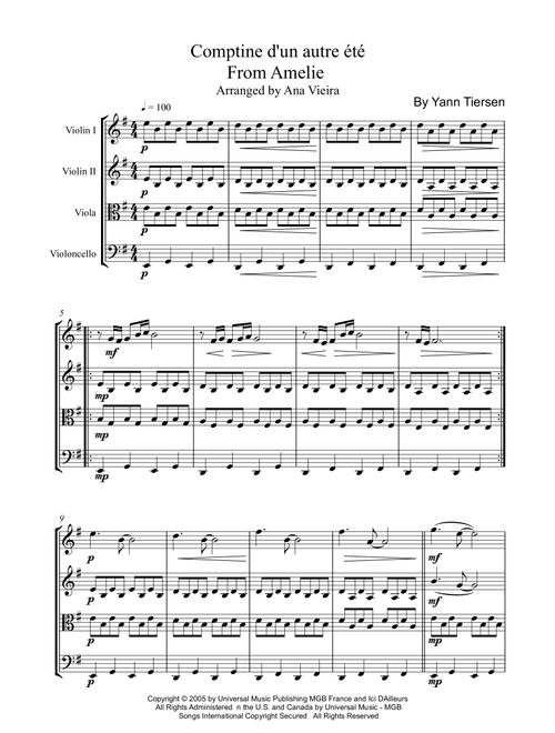 Comptine D'un Autre Été: L'après-Midi (Arr. Ana Vieira) - Yann Tiersen (String Quartet)