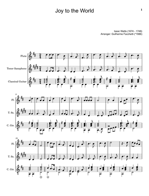 Joy to the World - Flute, T. Sax. and Guitar. With Parts. (Arr. Guilherme Facchetti) - Isaac Watts (Small Ensemble)