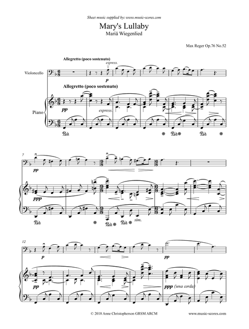 Mary's Lullaby, or Maria Wiegenlied - Cello and Piano (Arr. Anne L Christopherson GRSM ARCM) - Reger, Max (Cello and Piano)