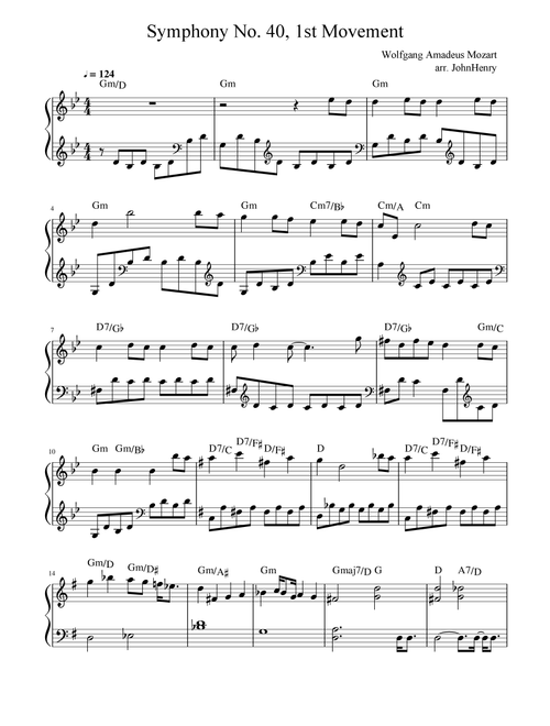 Symphony No. 40, 1st Movement - Wolfgang Amadeus Mozart (Easy Piano Arrangement) (Arr. JohnHenry) (Piano Solo)