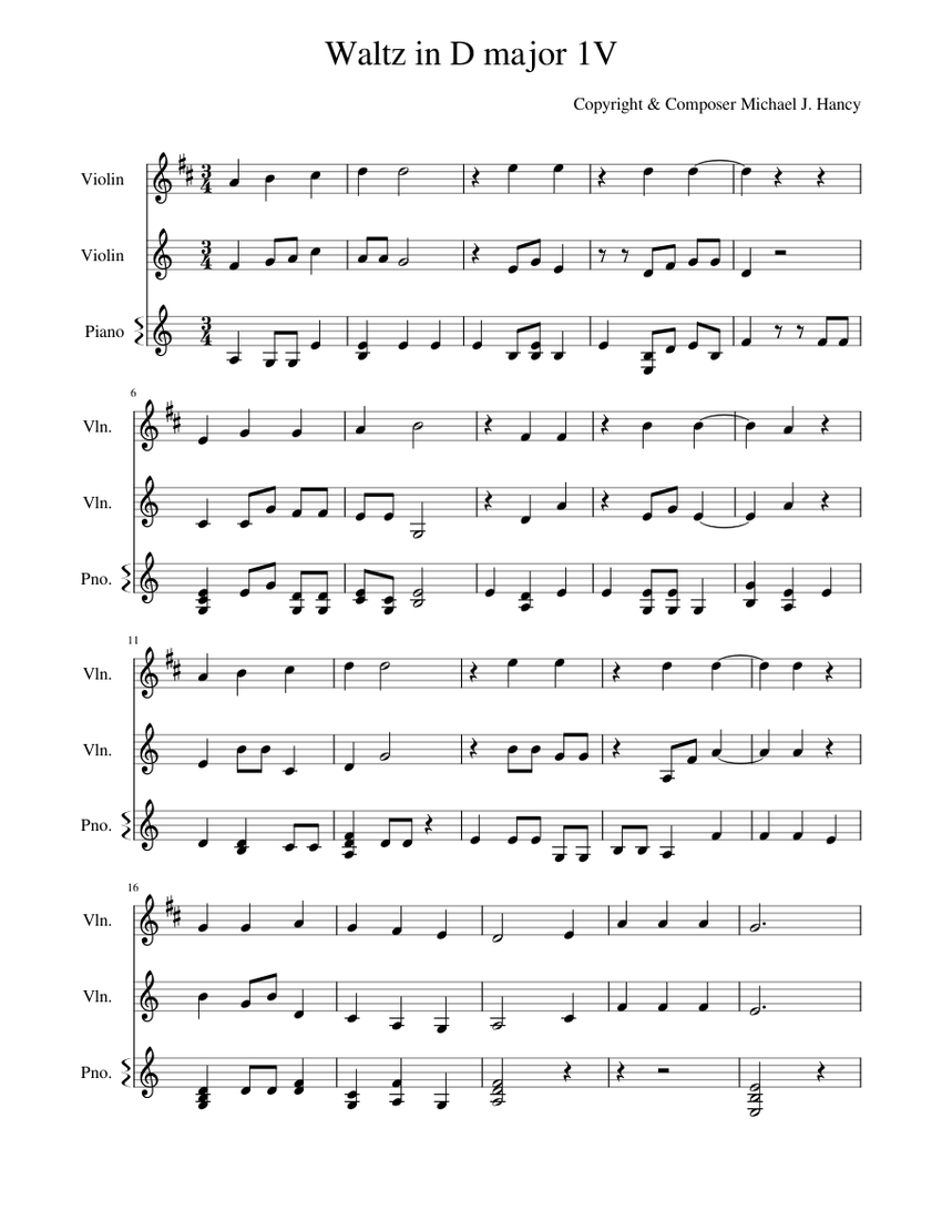 Waltz in D major 1V Sheet music for Piano, Violin (Mixed Trio ...