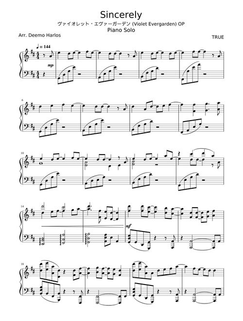 Sincerely (Violet Evergarden OP) - TRUE (Piano Solo Arr. Deemo Harlos)