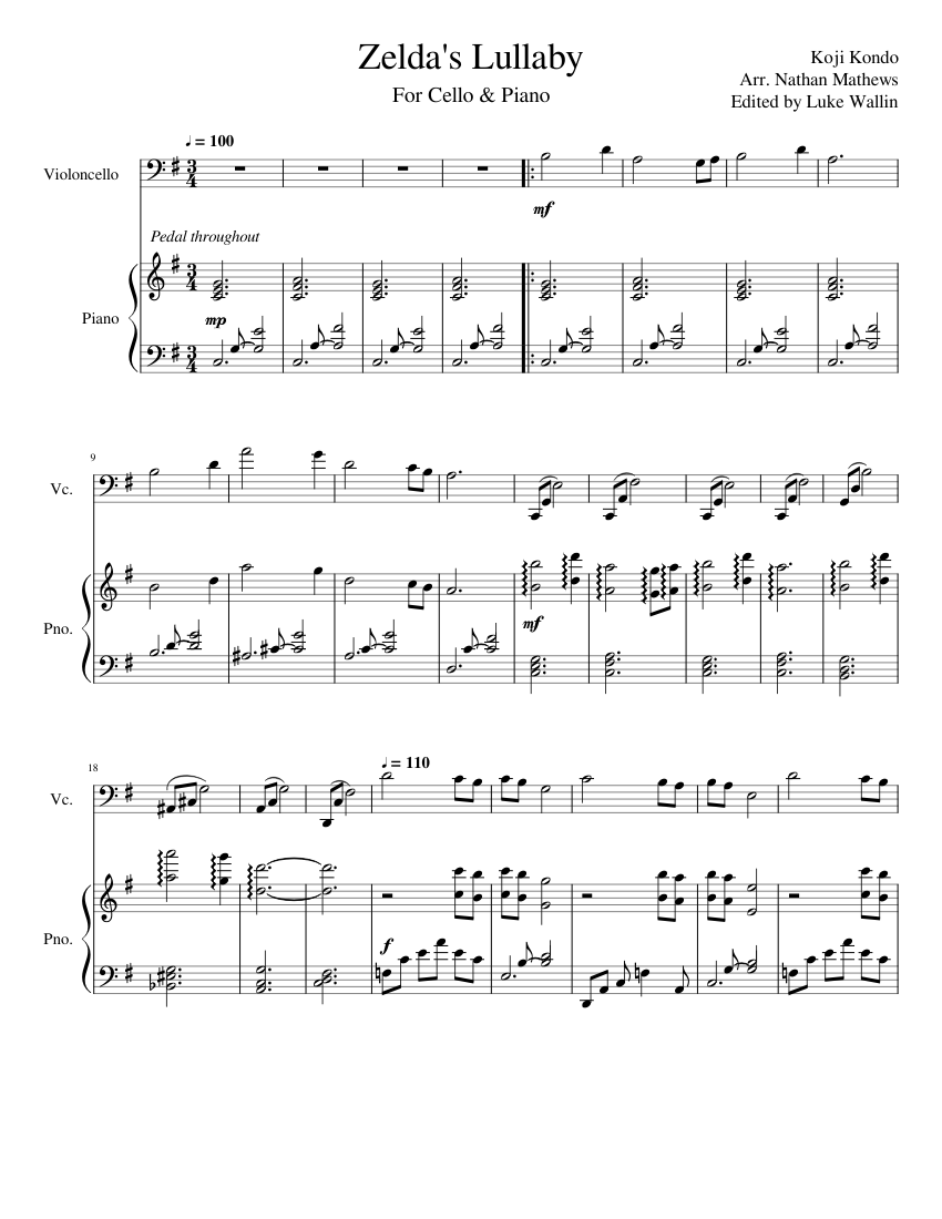 Zelda's Lullaby Sheet Music for Piano, Cello (Mixed Duet) | MuseScore.com