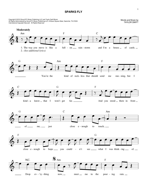 Sparks Fly - Taylor Swift (Easy Lead Sheet - Fake Book)