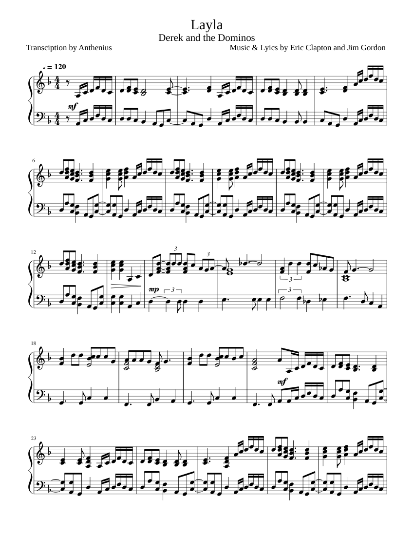 デレク・アンド・ザ・ドミノス 楽譜 Layla - Derek and the Dominos Sheet Music for Piano (Solo