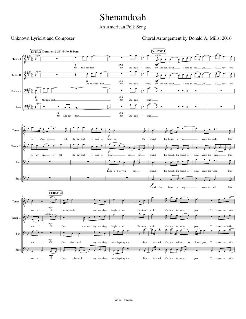 Shenandoah 1 Sheet music for Tenor, Bass voice, Baritone (Men’s Choir ...