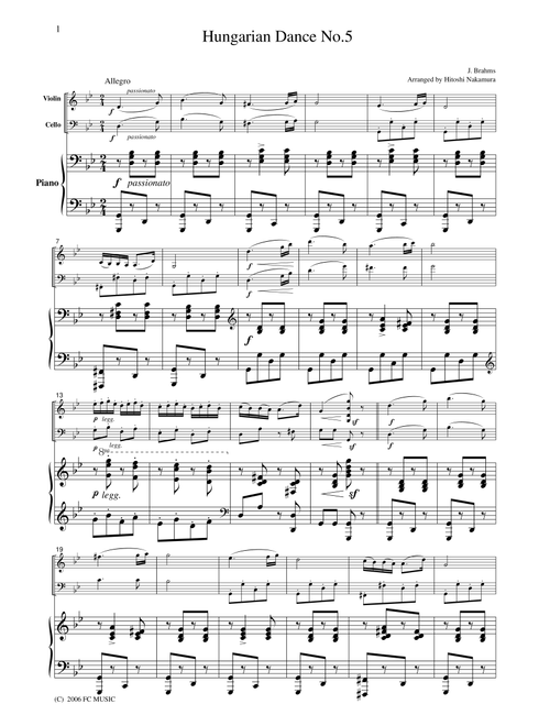 Brahms Hungarian Dance No.5, for piano trio, PB101 (Arr. H Nakamura) (String Ensemble)