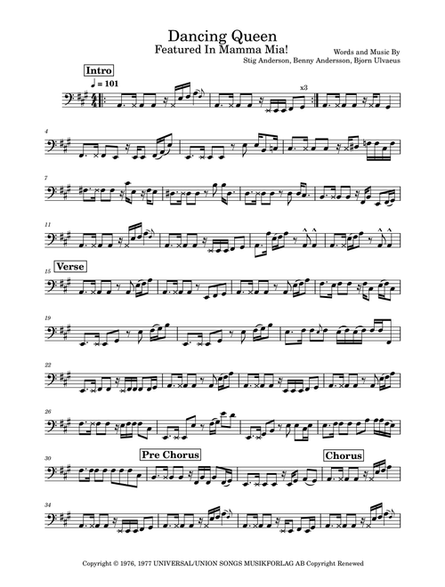 Dancing Queen (Arr. Marcus Gram Jacobsen) - ABBA (Bass Guitar (without TAB))