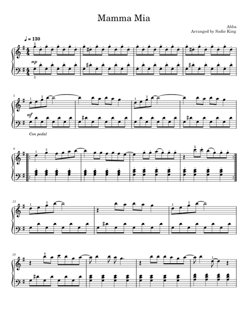 Mamma Mia - ABBA - Easy piano (G Major)