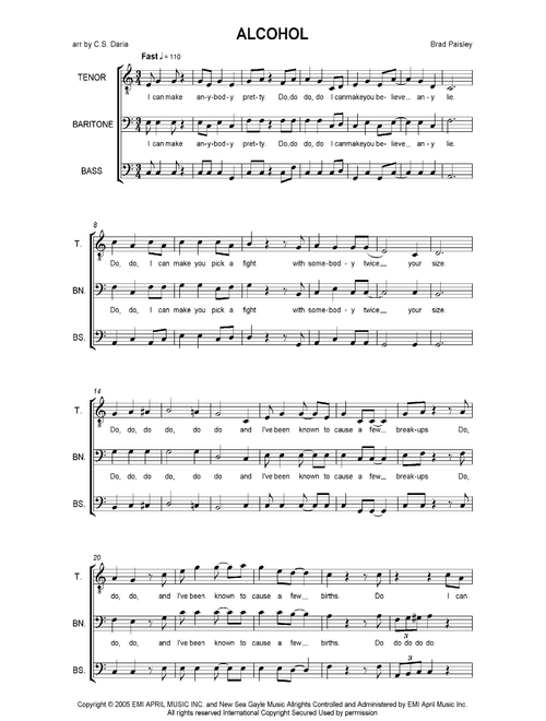 Alcohol (Arr. C.S. Daria) - Brad Paisley (Choral, TBB)