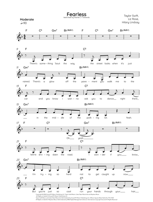 Fearless (Arr. Rachel J T Edwards) - Taylor Swift (Lead Sheet - Fake Book)