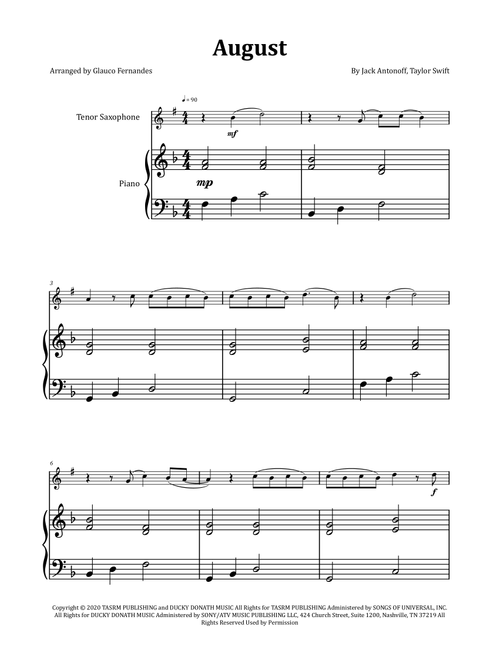 August (Arr. Glauco Fernandes) - Taylor Swift (Tenor Sax and Piano)