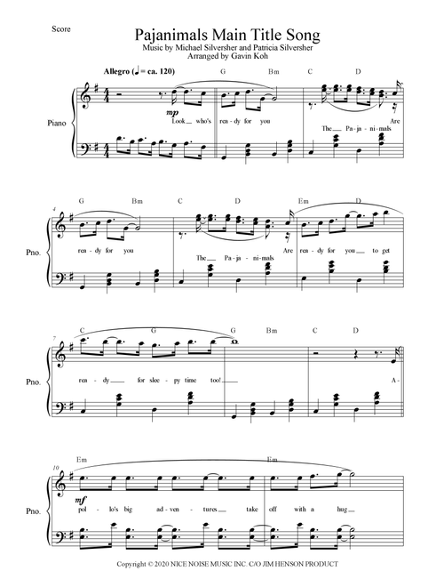 Pajanimals Main Title Song (Arr. Gavin Koh) - Patricia Silversher, Michael Silversher (Piano-Vocal-Guitar (Piano Accompaniment))