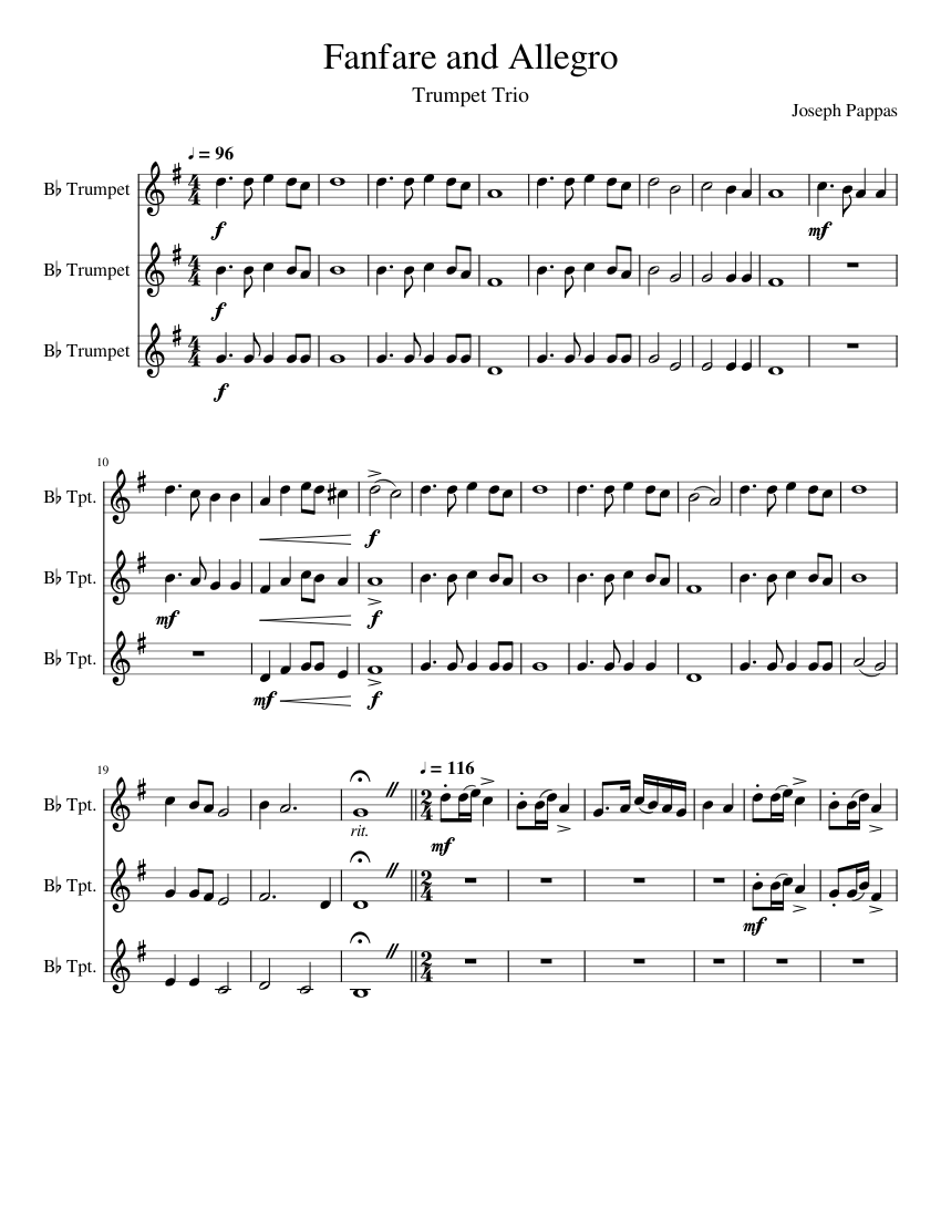 Fanfare and Allegro Sheet Music for Trumpet in b-flat (Mixed Trio ...