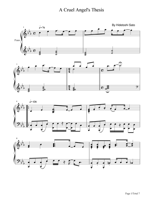 A Cruel Angel's Thesis,Yoko Takahashi,Piano Solo Sheet (Arr. poon) (Piano Solo)