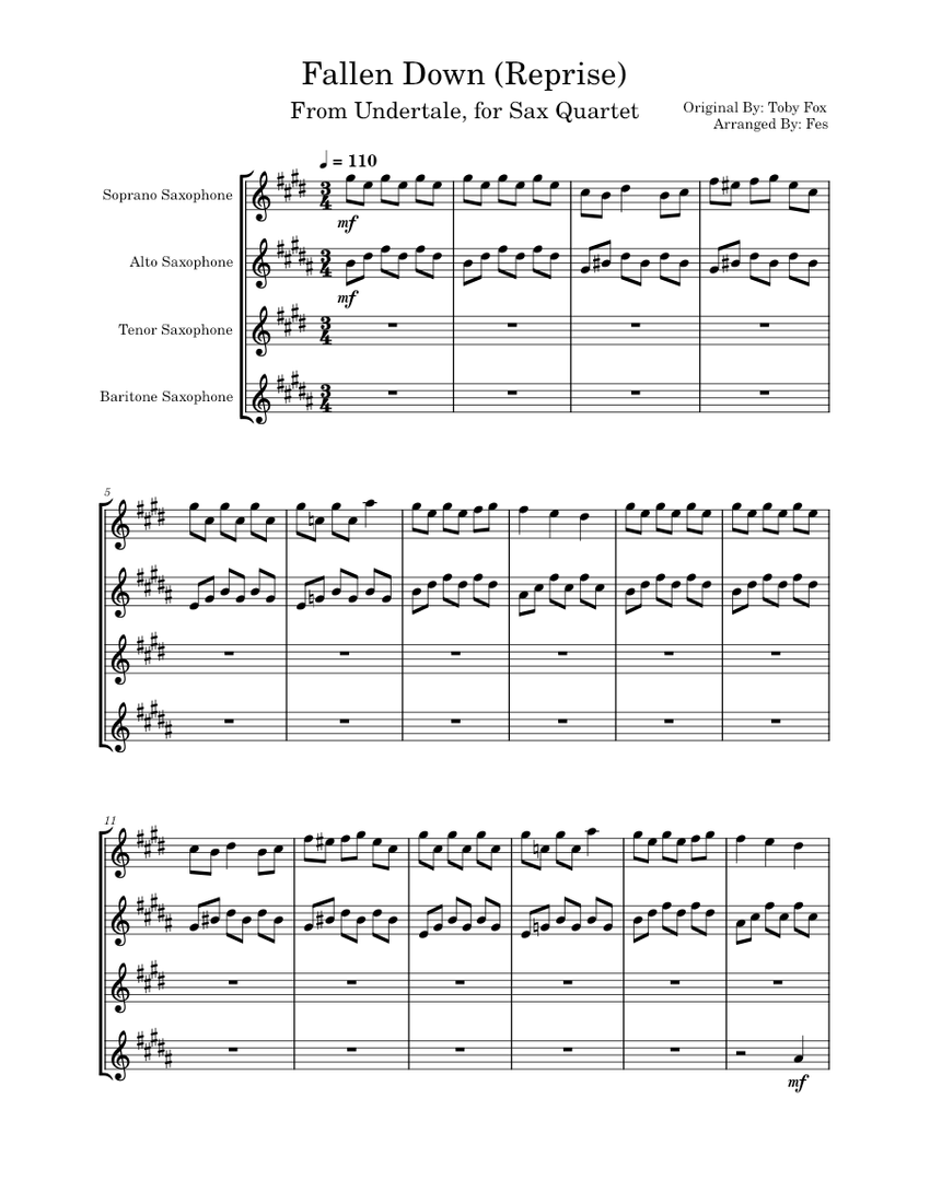 Fallen Down (Reprise) for Saxophone Quartet Sheet Music for