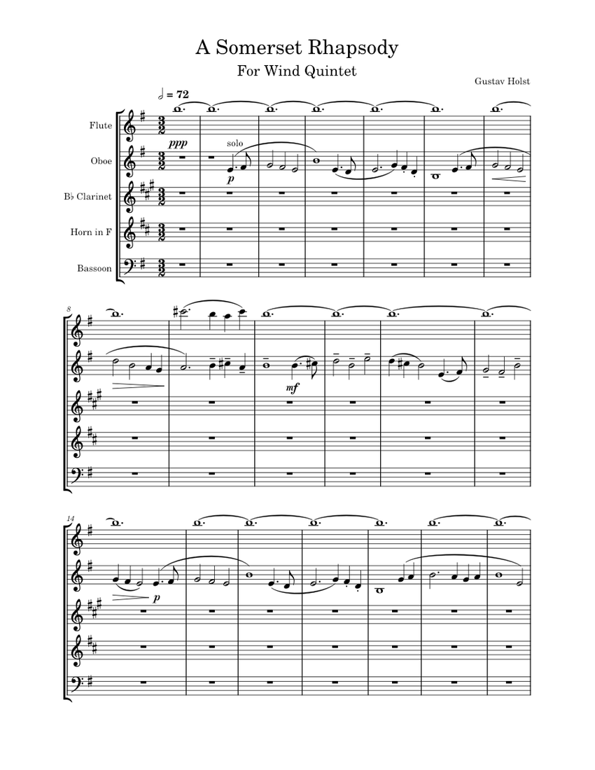 A Somerset Rhapsody (for Wind Quintet) Gustav Holst Sheet music for