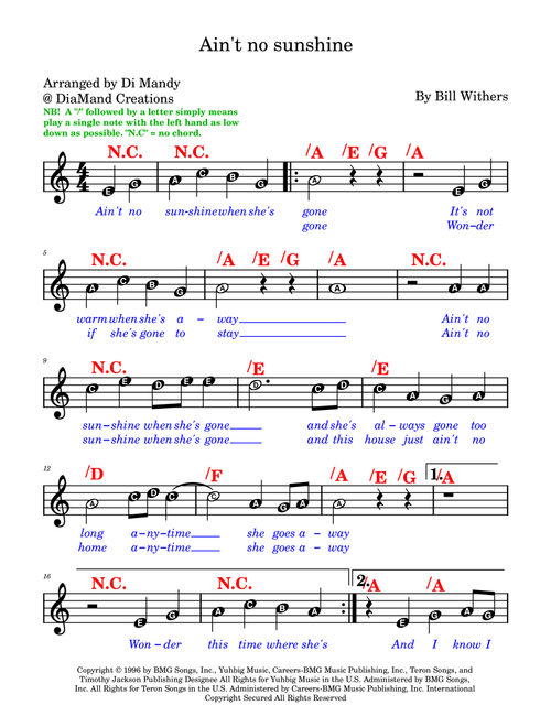 Ain't No Sunshine (Arr. Dianne Mandy) - Bill Withers (Lead Sheet - Fake Book)