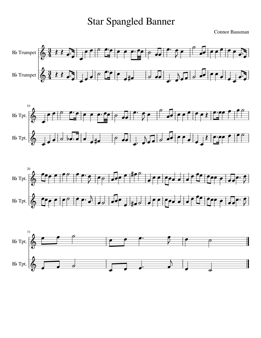 Star Spangled Banner Sheet Music for Trumpet in bflat (Brass Duet