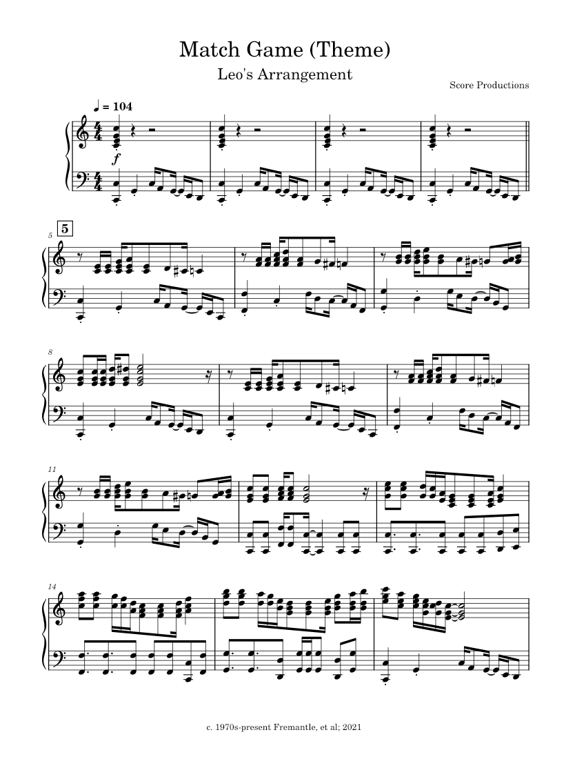 The Match Game (Theme) Score Productions Sheet music for Piano (Solo