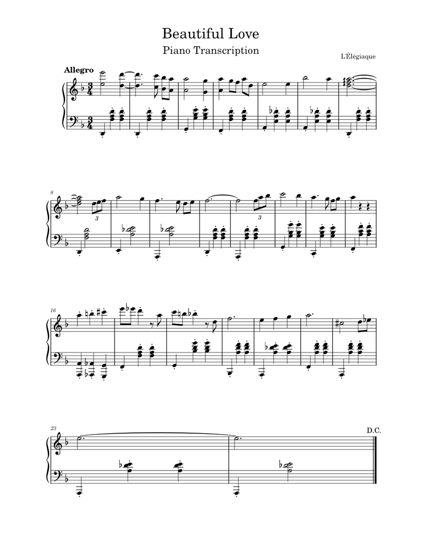 Beautiful Love Piano Transcription Sheet Music For Piano Solo Easy