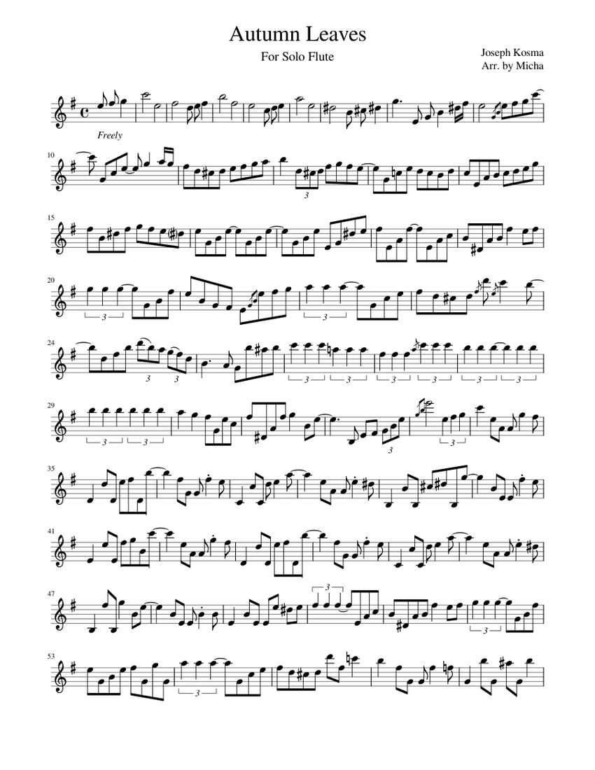 Autumn Leaves by Joseph Kosma For Solo Flute Sheet Music for Flute ...