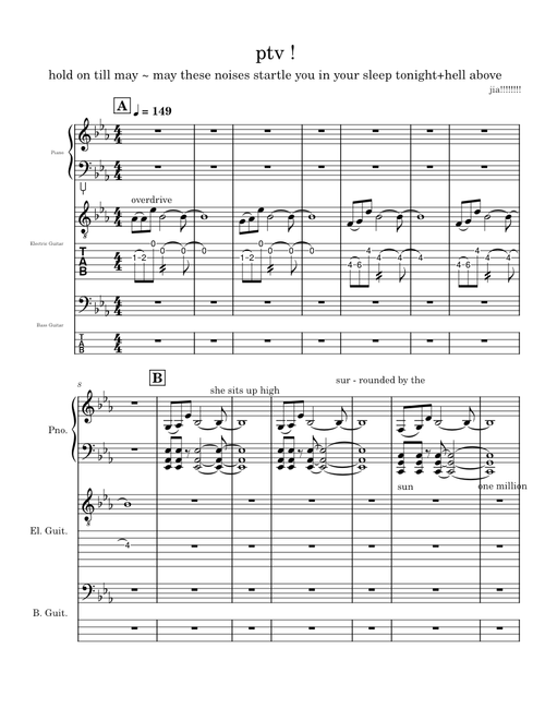 ptv arrangement, hold on till may+hell above for piano, bass guitar and electric guitar