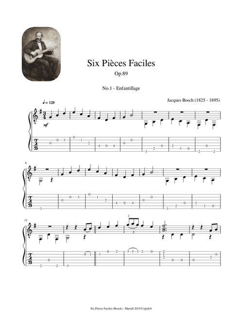 Six Pièces Faciles Op.89 - Jacques Bosch (1825 - 1895) - Tablature