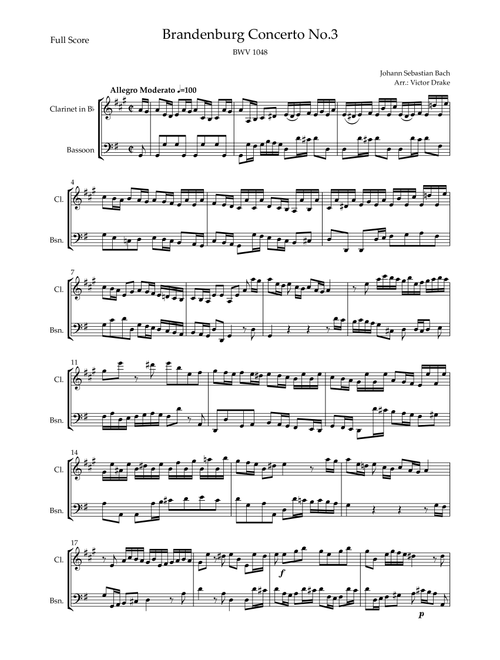 Brandenburg Concerto No. 3 in G major, BWV 1048 1st Mov. (J.S. Bach) for Clarinet & Bassoon Duo (Arr. Victor Drake) - Joahann Sebastian Bach (Instrumental Duet)