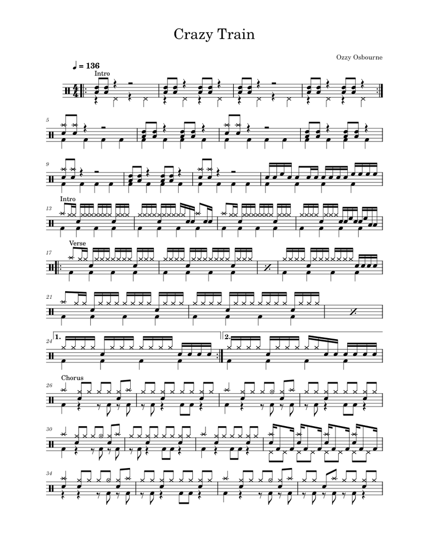 Crazy Train- Ozzy Osbourne Sheet music for Drum group (Solo) | Musescore.com