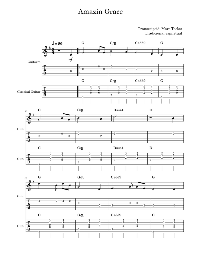 Amazin Grace Simple harmony Sheet music for Guitar (Solo)