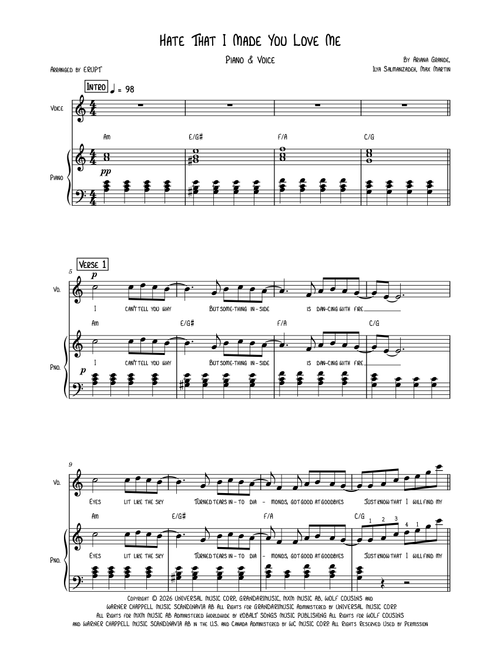 Hate That I Made You Love Me (Arr. ERUPT PIANO COVERS) - Ariana Grande (Piano Vocal)