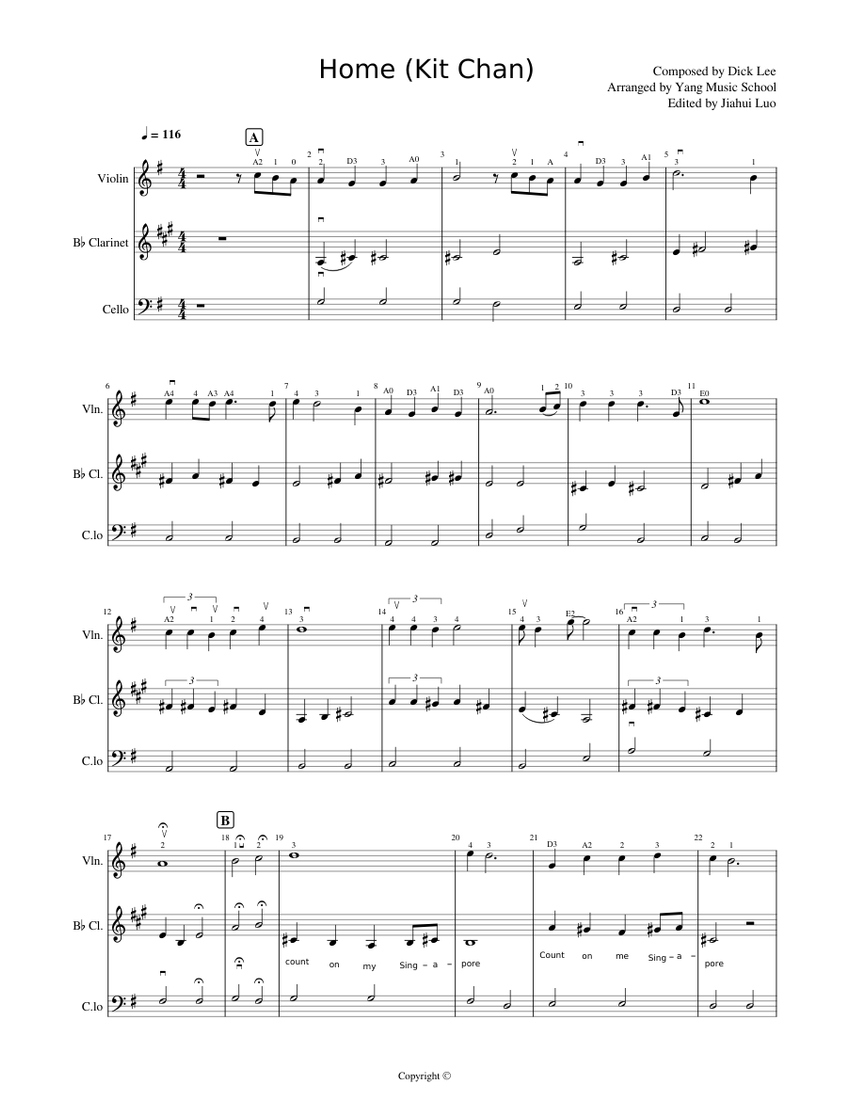 Home – Dick Lee Sheet Music with Chords for Clarinet in b