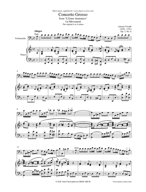 Vivaldi: 1st Movement of Violin Concerto in A minor: Op.3, No.6: Cello and Piano (Arr. Anne L Christopherson GRSM ARCM) - Vivaldi Antonio (Cello and Piano)
