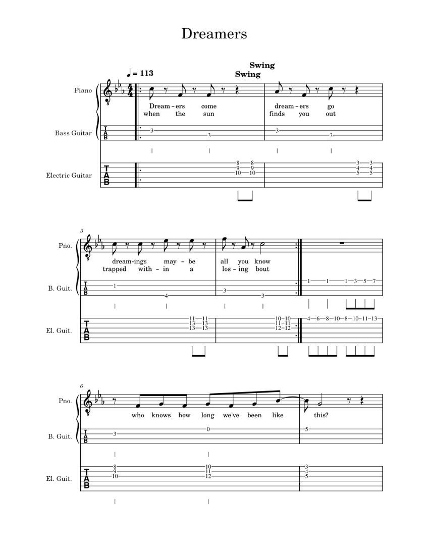 Dreamers band version Sheet music for Piano, Guitar, Bass guitar (Solo ...