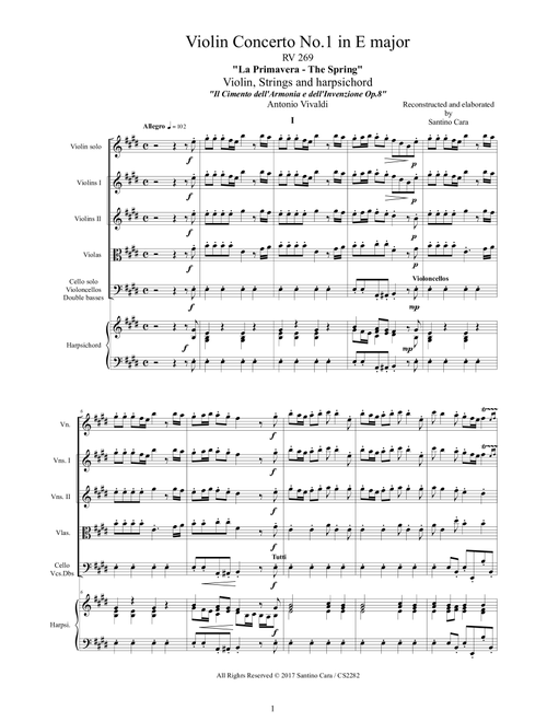 Vivaldi - Violin Concerto No.1 in E major RV 269 (Spring) Op.8 for Violin, Strings and Harpsichord (Arr. Santino Cara) - Vivaldi Antonio (Chamber Orchestra)
