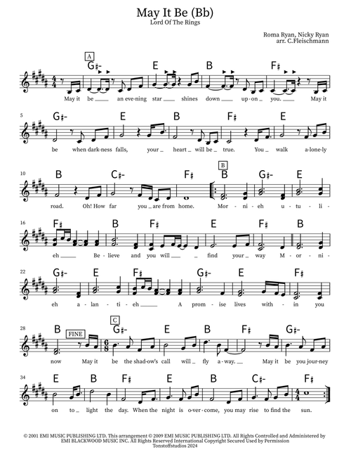 May It Be (Chantage Version) (Arr. Christoph Fleischmann) (Lead Sheet - Fake Book)