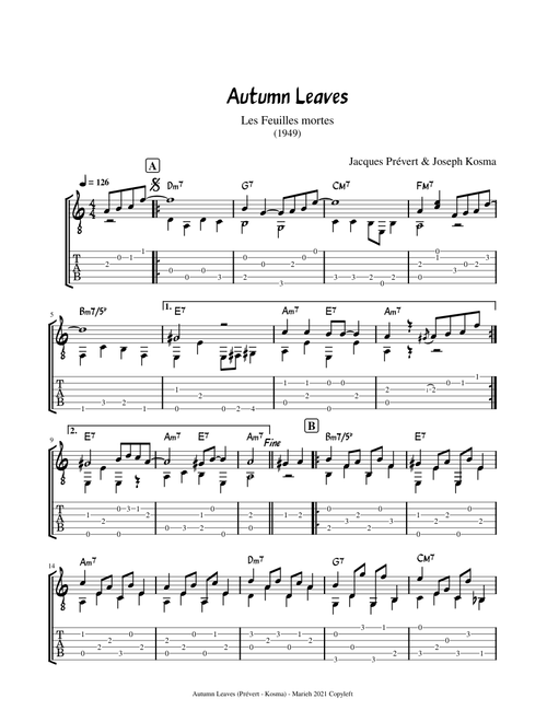 Autumn Leaves - Prévert & Kosma - Tablature