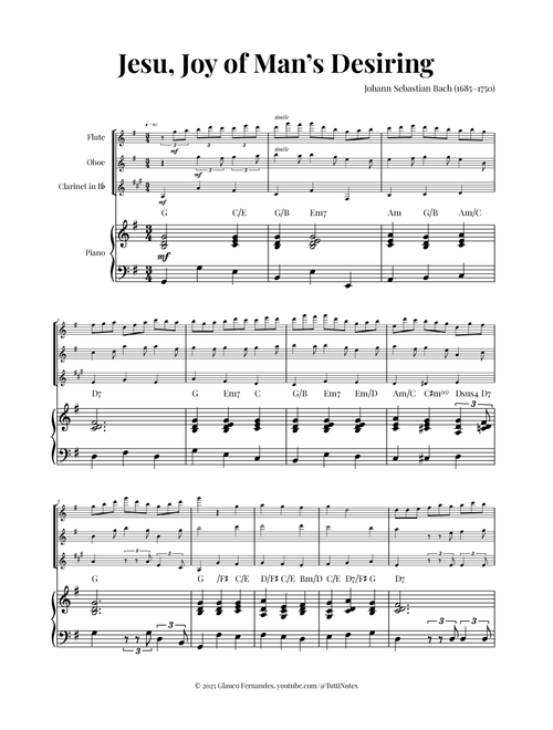 Jesu, Joy of Man's Desiring - Bach | WOODWIND TRIO (Flute, Oboe, Clarinet) & PIANO (with Chords) (Arr. Glauco Fernandes) - Johann Sebastian Bach (Woodwind Ensemble)