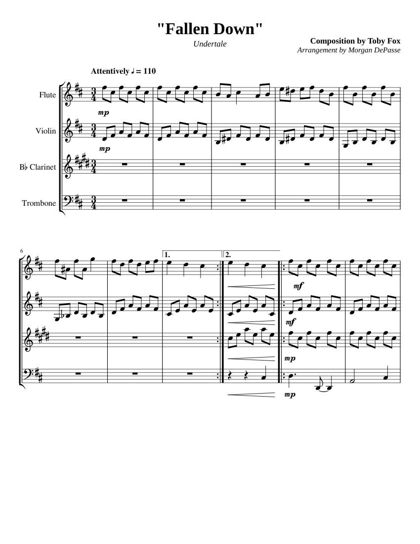 Fallen Down Sheet Music For Flute Oboe Clarinet In B Flat Bassoon Woodwind Quartet